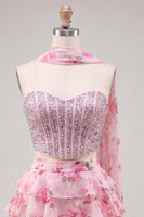 Load image into Gallery viewer, Sparkly Floral Light Blue Corset Short A Line Cocktail Dress with Neck Scarf