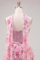Load image into Gallery viewer, Sparkly Floral Light Blue Corset Short A Line Cocktail Dress with Neck Scarf