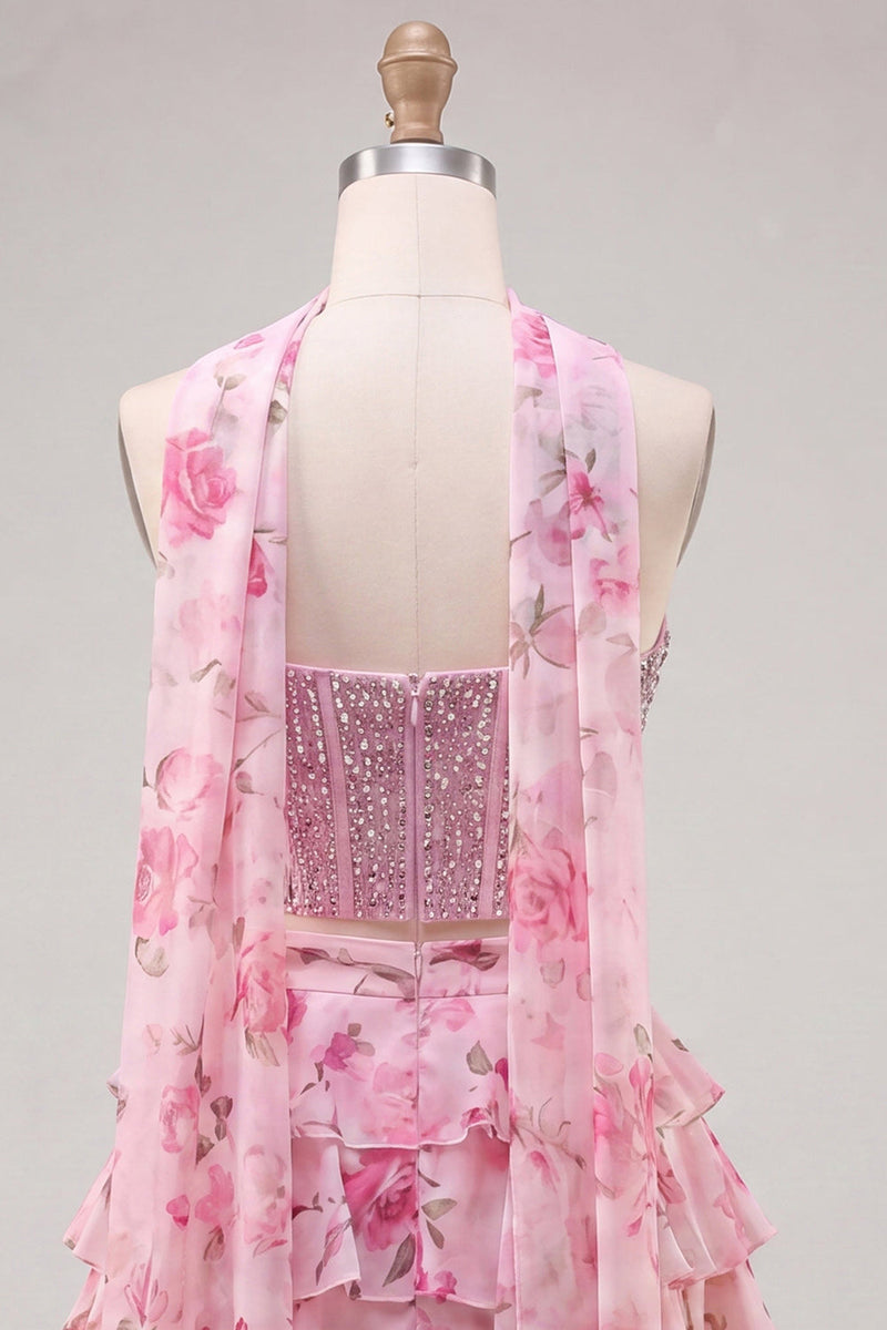 Load image into Gallery viewer, Sparkly Floral Light Blue Corset Short A Line Cocktail Dress with Neck Scarf