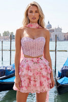 Load image into Gallery viewer, Sparkly Floral Light Blue Corset Short A Line Cocktail Dress with Neck Scarf