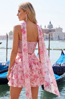 Load image into Gallery viewer, Sparkly Floral Light Blue Corset Short A Line Cocktail Dress with Neck Scarf