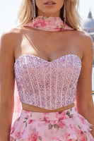 Load image into Gallery viewer, Sparkly Floral Light Blue Corset Short A Line Cocktail Dress with Neck Scarf