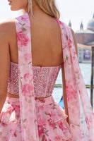 Load image into Gallery viewer, Sparkly Floral Light Blue Corset Short A Line Cocktail Dress with Neck Scarf