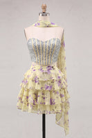 Load image into Gallery viewer, Sparkly Floral Light Blue Corset Short A Line Cocktail Dress with Neck Scarf