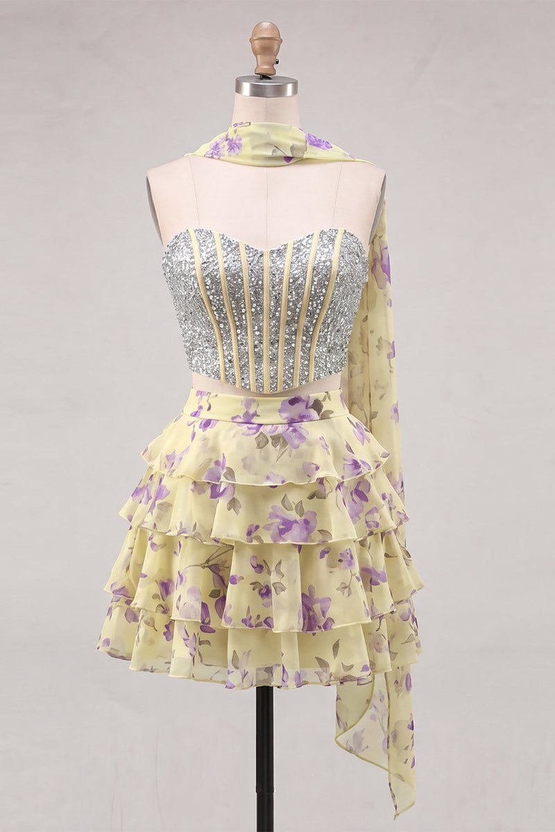 Load image into Gallery viewer, Sparkly Floral Light Blue Corset Short A Line Cocktail Dress with Neck Scarf
