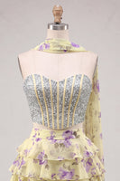 Load image into Gallery viewer, Sparkly Floral Light Blue Corset Short A Line Cocktail Dress with Neck Scarf