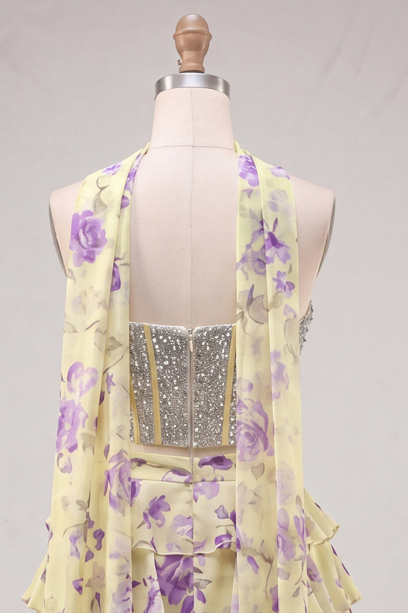 Load image into Gallery viewer, Sparkly Floral Light Blue Corset Short A Line Cocktail Dress with Neck Scarf