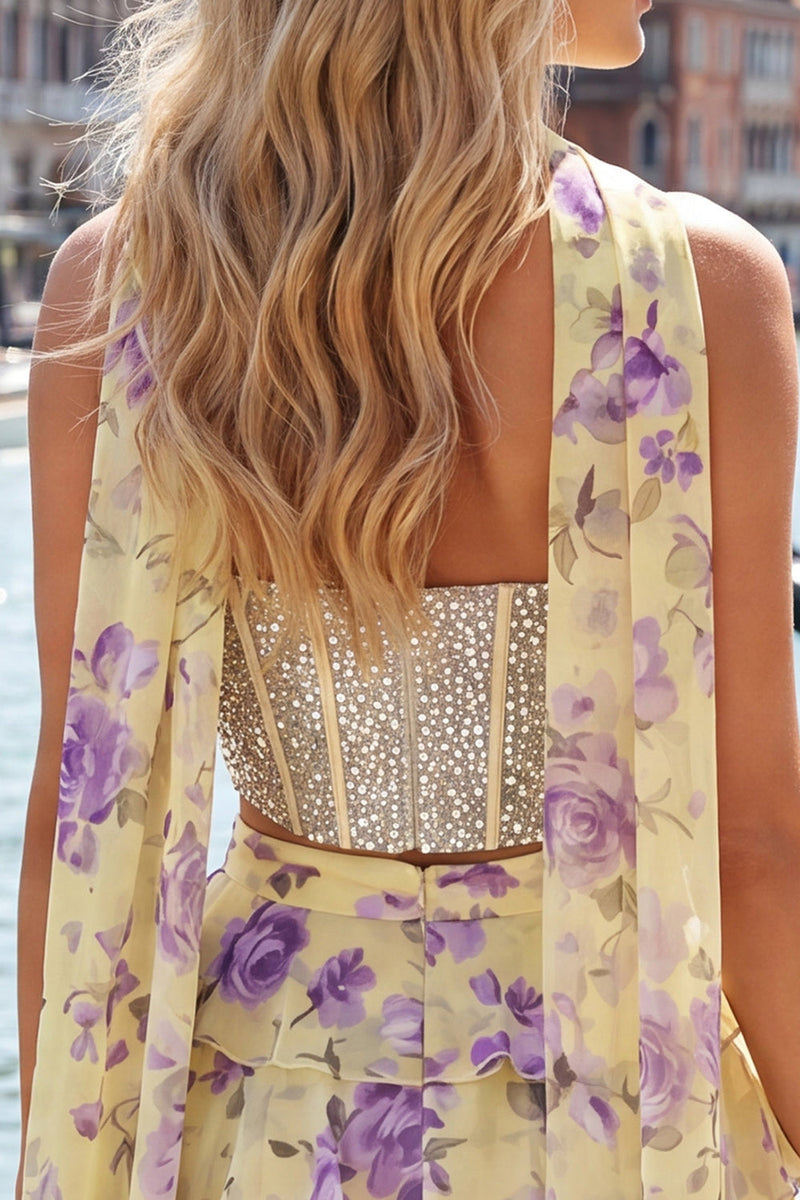 Load image into Gallery viewer, Sparkly Floral Light Blue Corset Short A Line Cocktail Dress with Neck Scarf