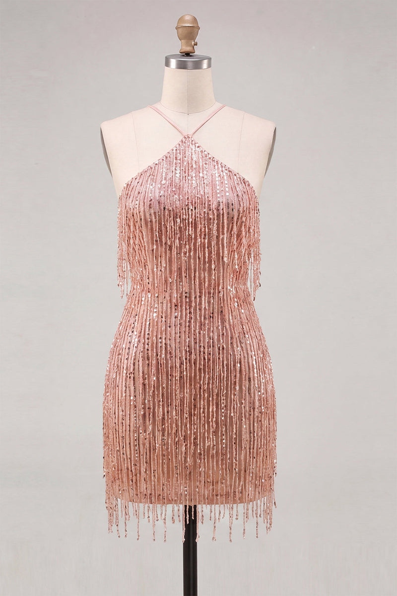 Load image into Gallery viewer, Sparkly Gold Fringed Halter Tight Short Cocktail Dress
