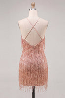 Load image into Gallery viewer, Sparkly Gold Fringed Halter Tight Short Cocktail Dress
