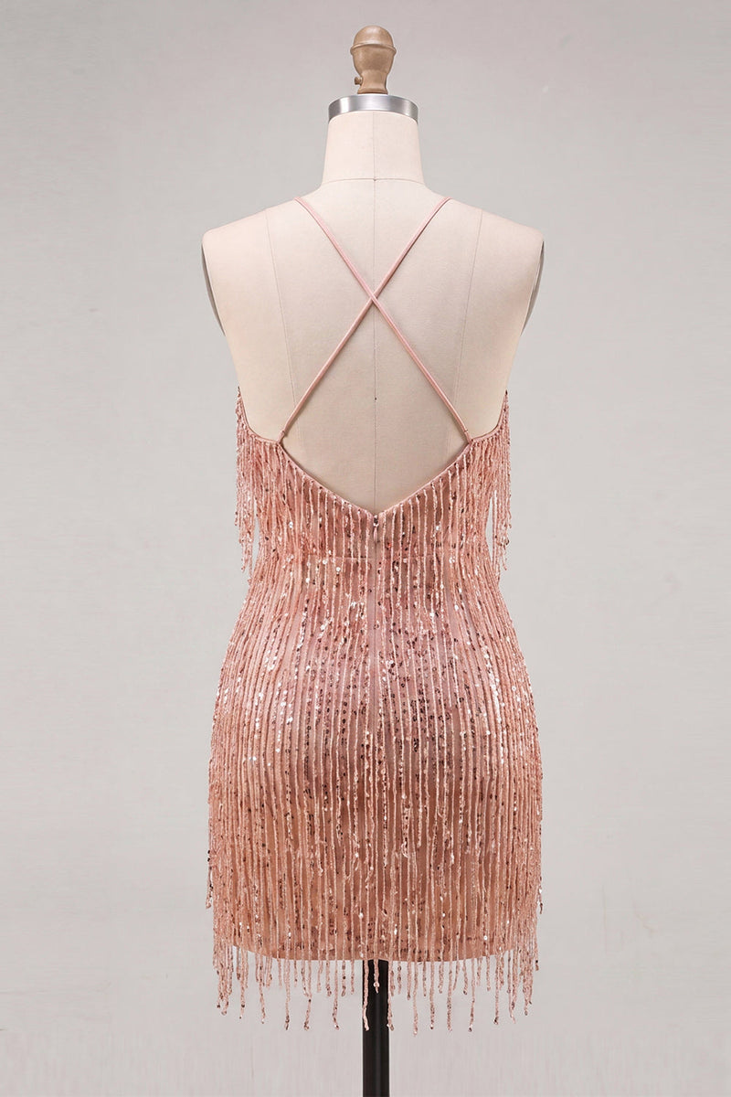 Load image into Gallery viewer, Sparkly Gold Fringed Halter Tight Short Cocktail Dress