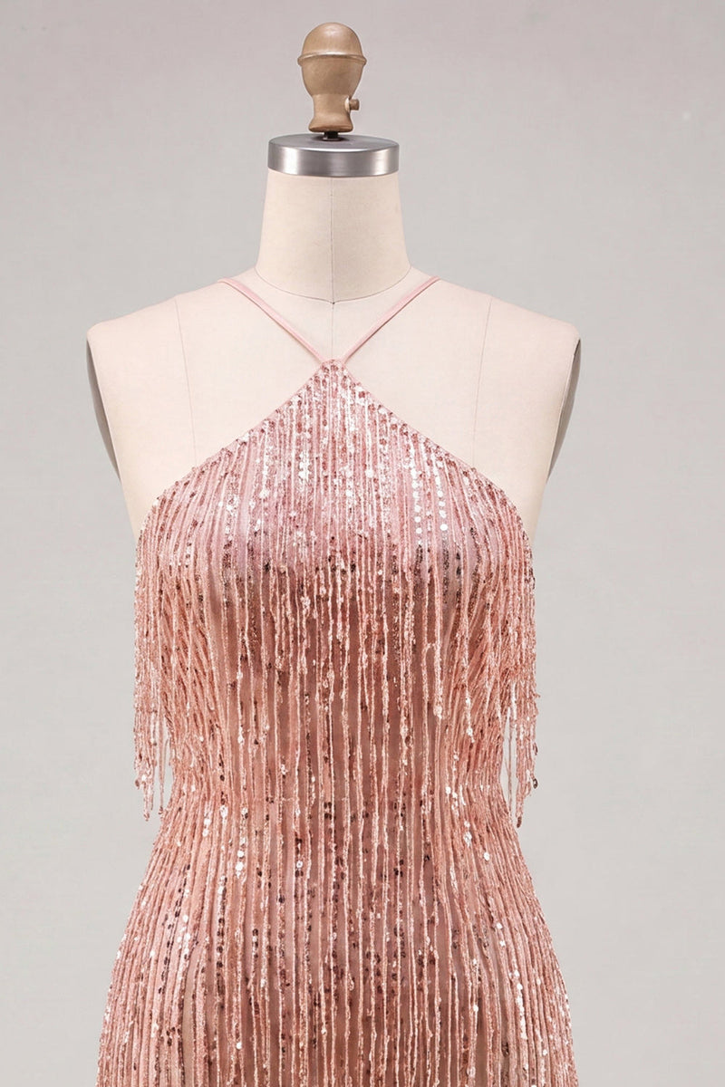 Load image into Gallery viewer, Sparkly Gold Fringed Halter Tight Short Cocktail Dress