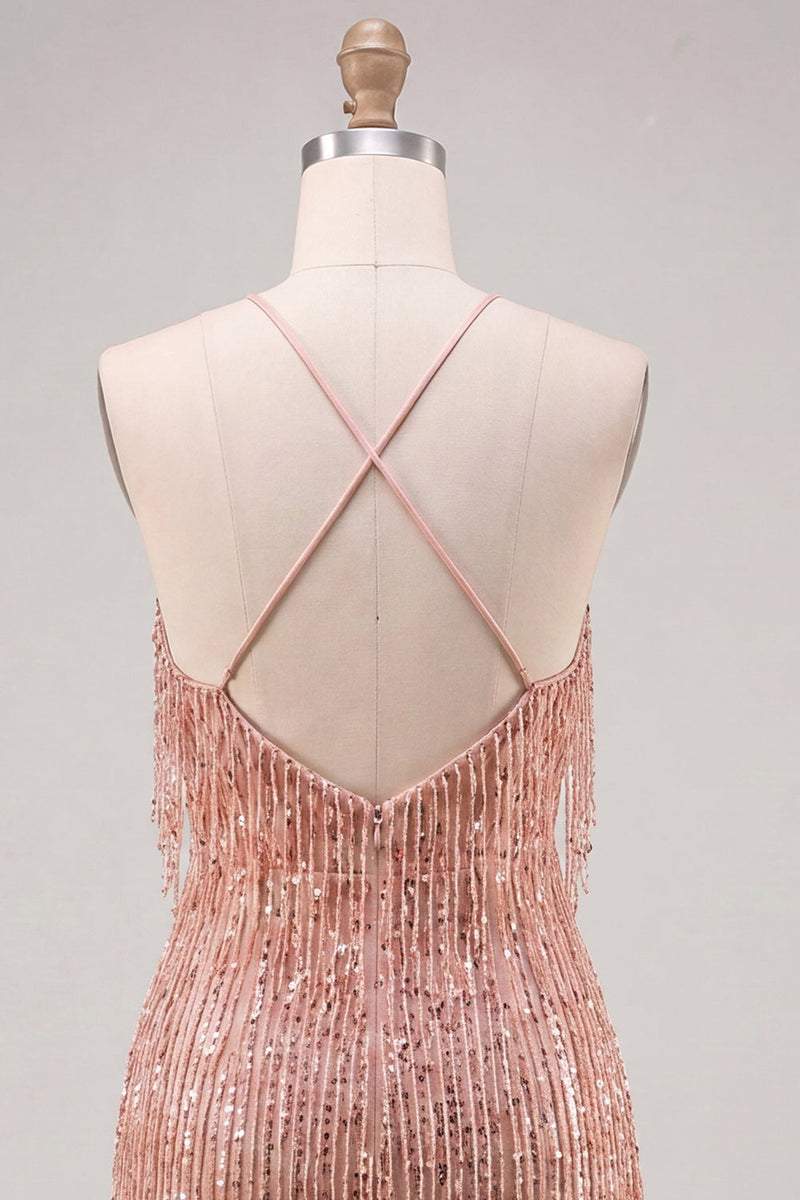 Load image into Gallery viewer, Sparkly Gold Fringed Halter Tight Short Cocktail Dress