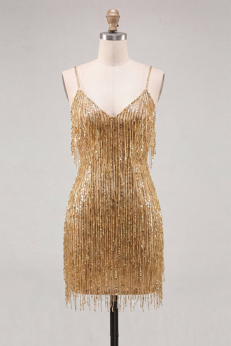 Load image into Gallery viewer, Sparkly Peacock Fringed V Neck Tight Short Cocktail Dress