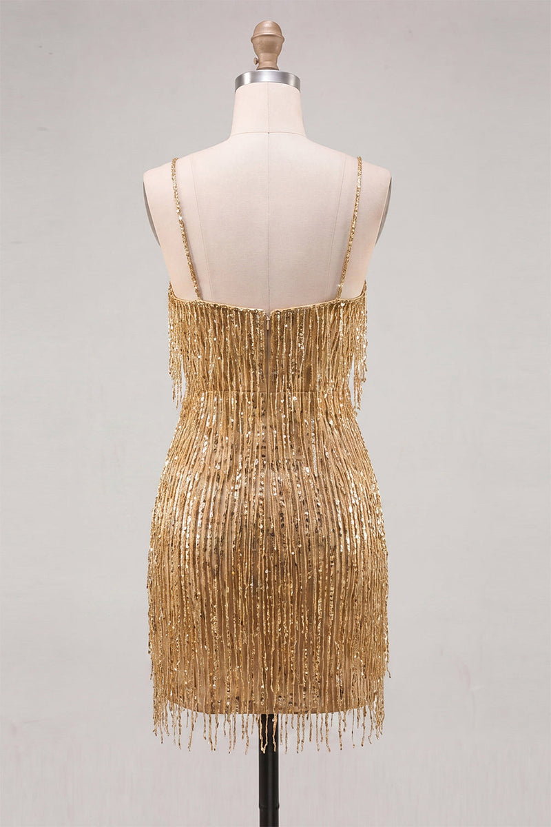 Load image into Gallery viewer, Sparkly Peacock Fringed V Neck Tight Short Cocktail Dress