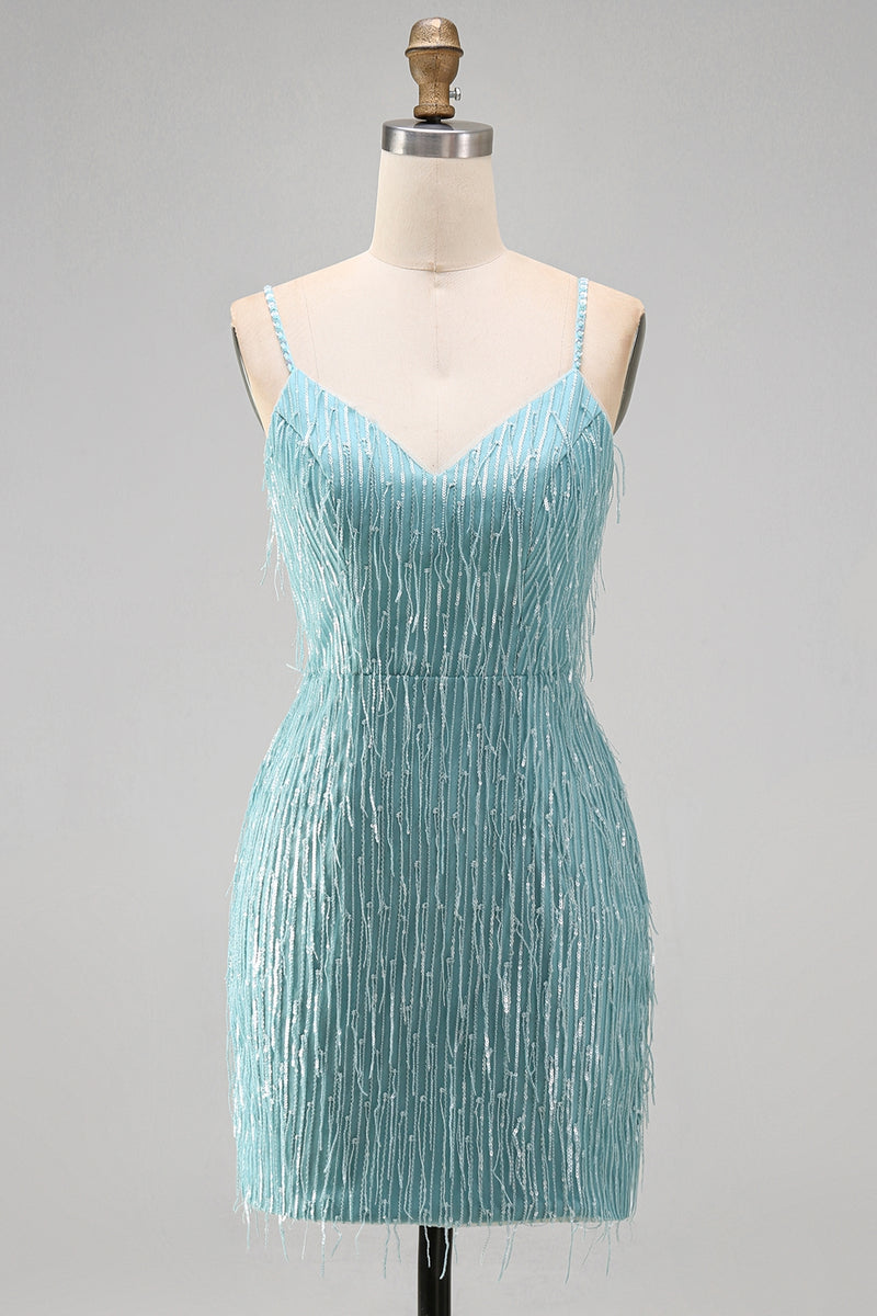 Load image into Gallery viewer, Sparkly Peacock Fringed V Neck Tight Short Cocktail Dress