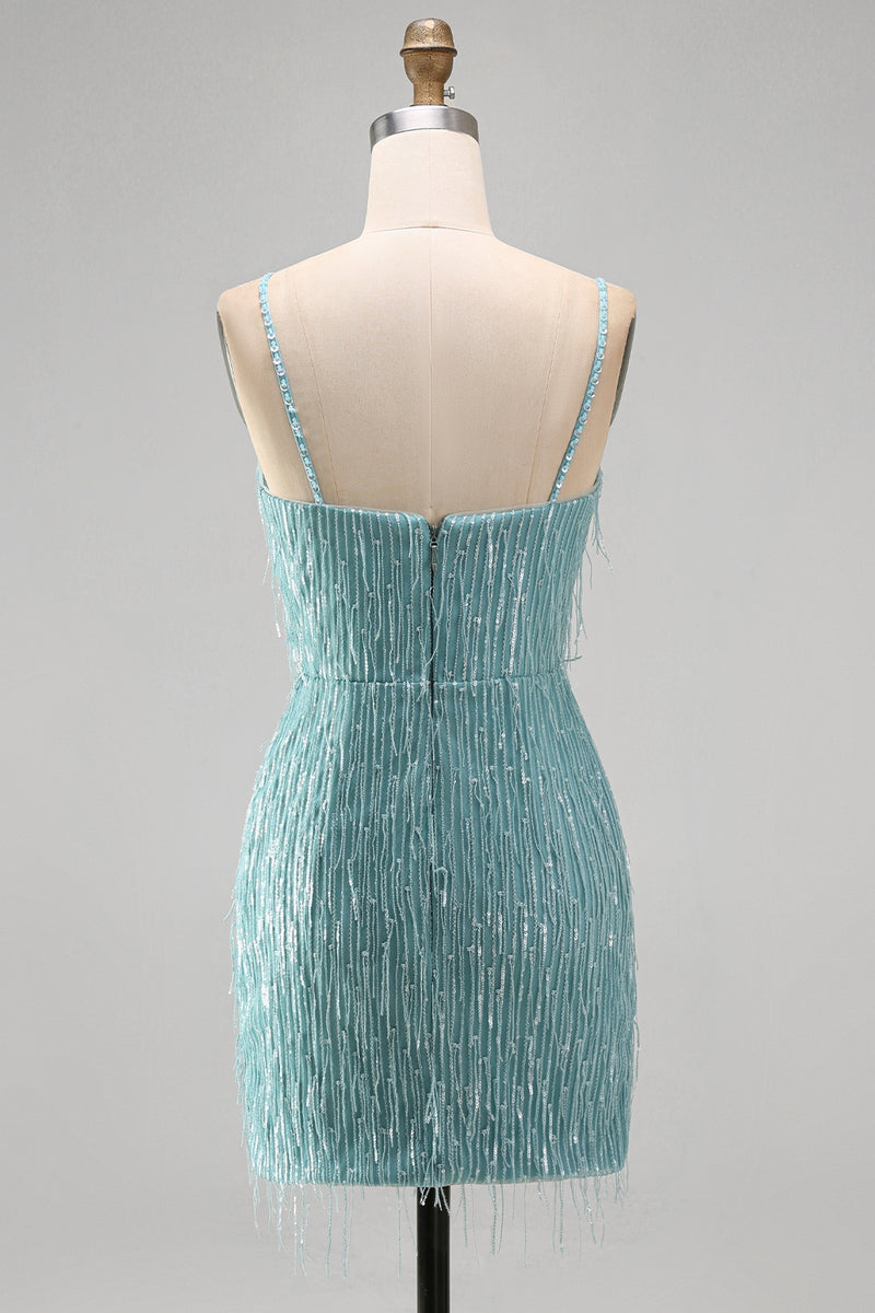 Load image into Gallery viewer, Sparkly Peacock Fringed V Neck Tight Short Cocktail Dress