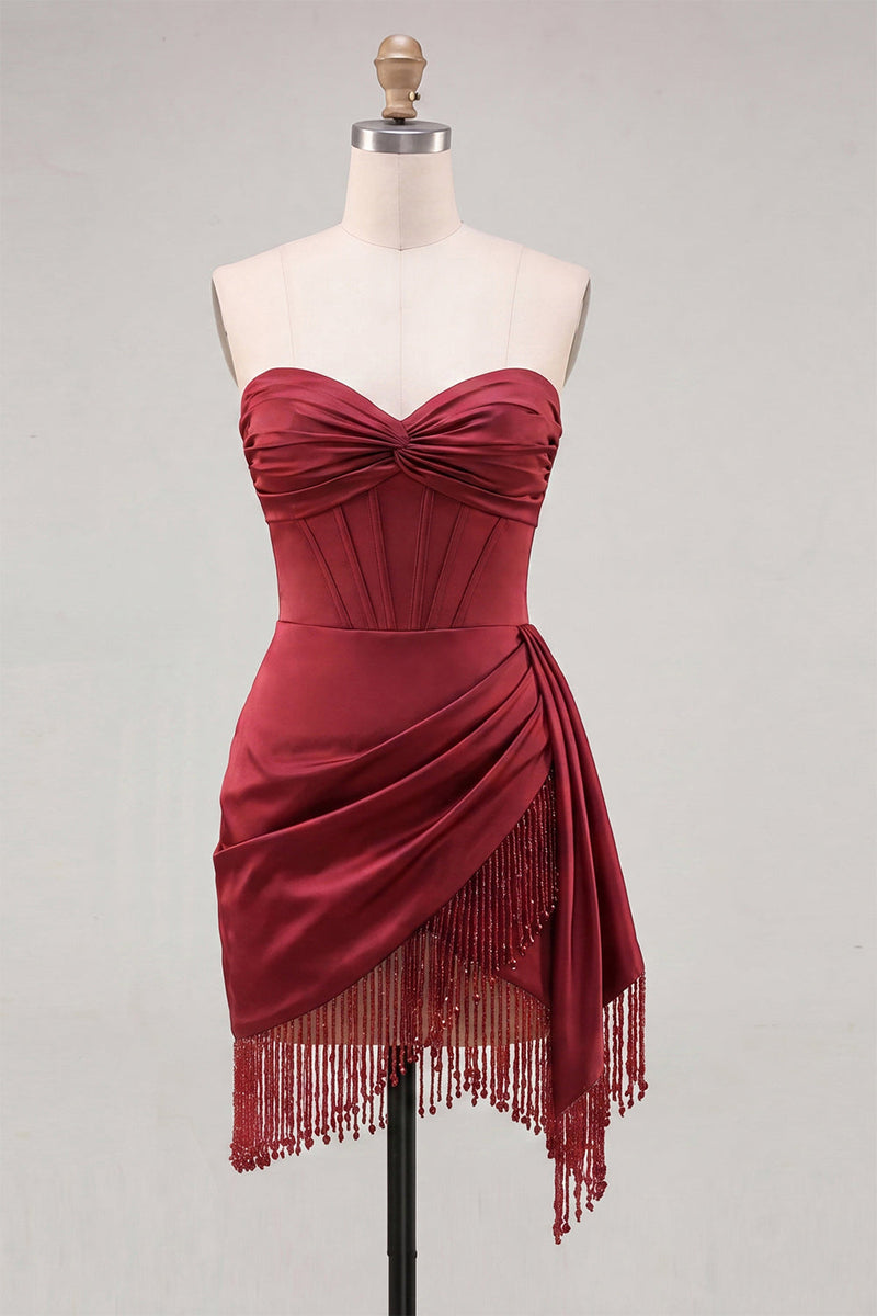Load image into Gallery viewer, Gold Satin Corset Ruched Short Tight Cocktail Dress with Fringes