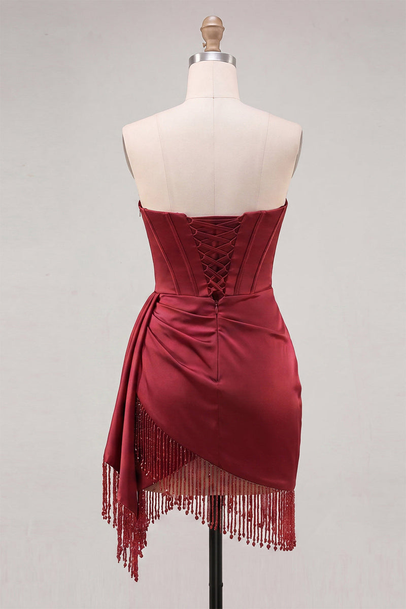 Load image into Gallery viewer, Gold Satin Corset Ruched Short Tight Cocktail Dress with Fringes