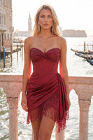 Load image into Gallery viewer, Gold Satin Corset Ruched Short Tight Cocktail Dress with Fringes
