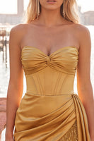 Load image into Gallery viewer, Gold Satin Corset Ruched Short Tight Cocktail Dress with Fringes