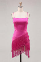 Load image into Gallery viewer, Pink Satin Beaded Tight Short Cocktail Dress with Fringes