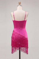 Load image into Gallery viewer, Pink Satin Beaded Tight Short Cocktail Dress with Fringes