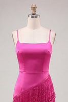 Load image into Gallery viewer, Pink Satin Beaded Tight Short Cocktail Dress with Fringes