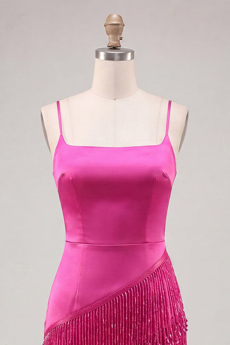 Load image into Gallery viewer, Pink Satin Beaded Tight Short Cocktail Dress with Fringes