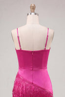 Load image into Gallery viewer, Pink Satin Beaded Tight Short Cocktail Dress with Fringes