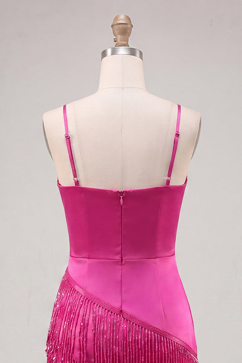 Load image into Gallery viewer, Pink Satin Beaded Tight Short Cocktail Dress with Fringes