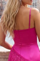 Load image into Gallery viewer, Pink Satin Beaded Tight Short Cocktail Dress with Fringes