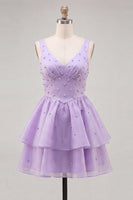 Load image into Gallery viewer, Pink V-Neck Beaded Ruffled Short A Line Cocktail Dress