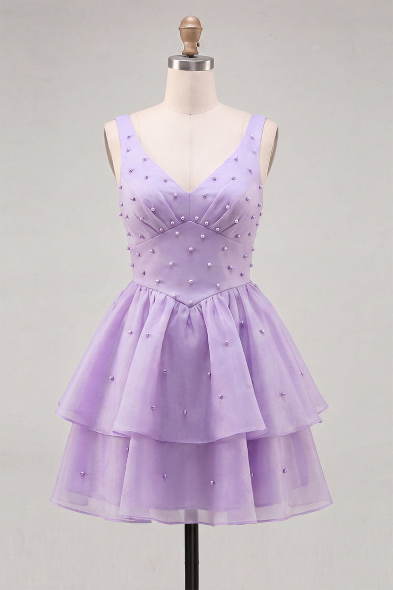 Load image into Gallery viewer, Pink V-Neck Beaded Ruffled Short A Line Cocktail Dress