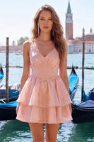 Load image into Gallery viewer, Pink V-Neck Beaded Ruffled Short A Line Cocktail Dress