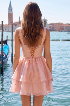Pink V-Neck Beaded Ruffled Short A Line Cocktail Dress