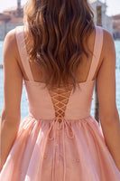 Load image into Gallery viewer, Pink V-Neck Beaded Ruffled Short A Line Cocktail Dress