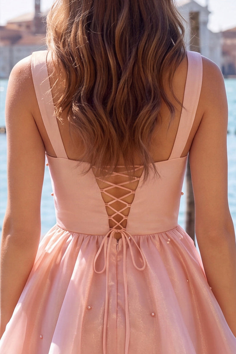 Load image into Gallery viewer, Pink V-Neck Beaded Ruffled Short A Line Cocktail Dress