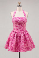 Load image into Gallery viewer, Floral Fuchsia Jacquard Halter A-Line Short Cocktail Dress