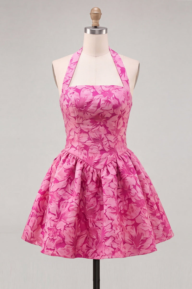 Load image into Gallery viewer, Floral Fuchsia Jacquard Halter A-Line Short Cocktail Dress