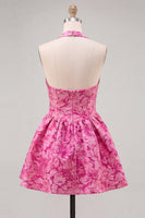 Load image into Gallery viewer, Floral Fuchsia Jacquard Halter A-Line Short Cocktail Dress