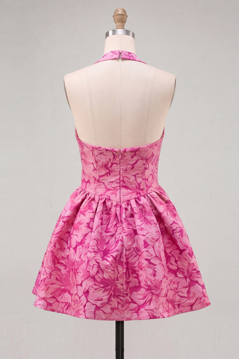 Load image into Gallery viewer, Floral Fuchsia Jacquard Halter A-Line Short Cocktail Dress