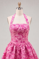 Load image into Gallery viewer, Floral Fuchsia Jacquard Halter A-Line Short Cocktail Dress