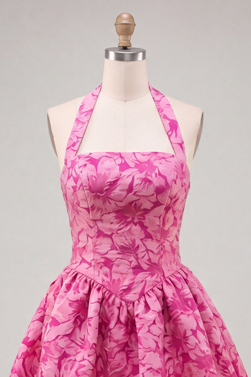 Load image into Gallery viewer, Floral Fuchsia Jacquard Halter A-Line Short Cocktail Dress