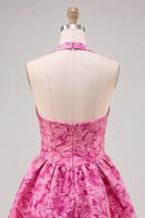 Load image into Gallery viewer, Floral Fuchsia Jacquard Halter A-Line Short Cocktail Dress