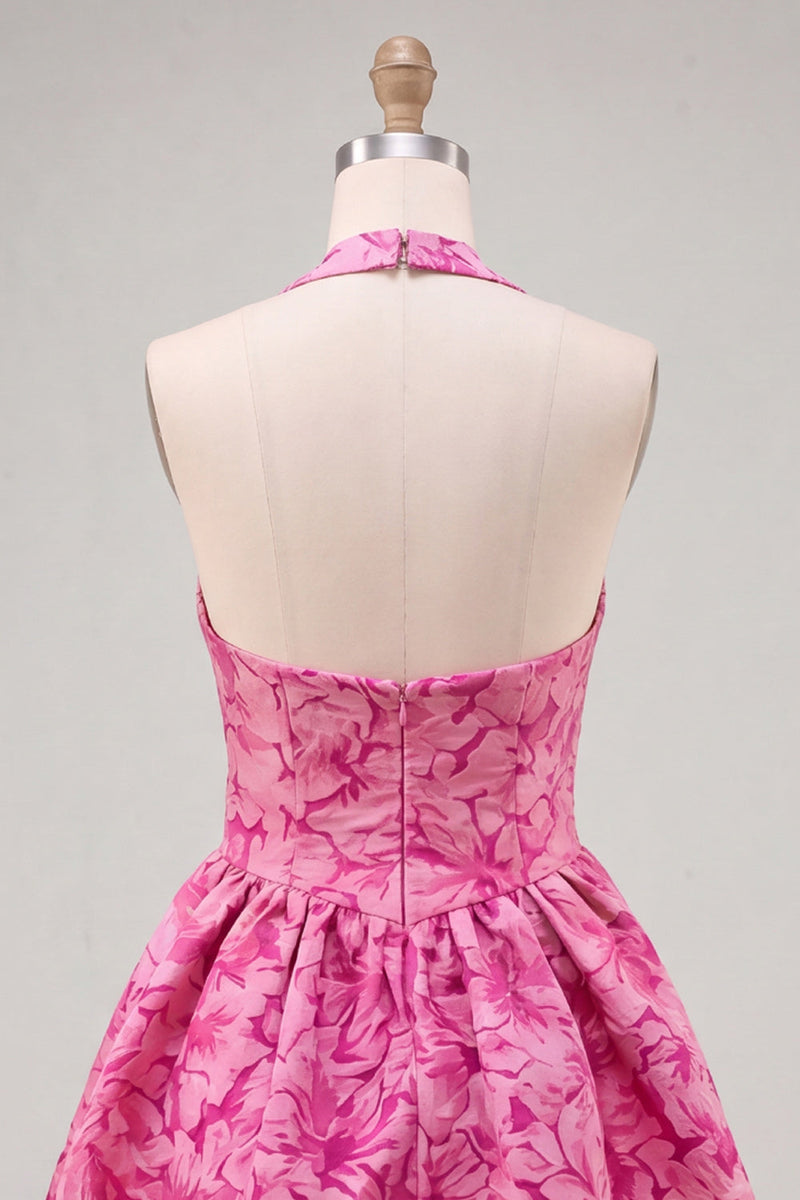 Load image into Gallery viewer, Floral Fuchsia Jacquard Halter A-Line Short Cocktail Dress
