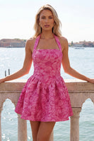 Load image into Gallery viewer, Floral Fuchsia Jacquard Halter A-Line Short Cocktail Dress