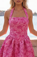 Load image into Gallery viewer, Floral Fuchsia Jacquard Halter A-Line Short Cocktail Dress