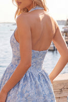Load image into Gallery viewer, Floral Fuchsia Jacquard Halter A-Line Short Cocktail Dress