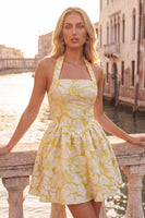 Load image into Gallery viewer, Floral Fuchsia Jacquard Halter A-Line Short Cocktail Dress